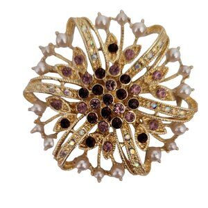 Anne Klein Gold Tone AB, Purple Rhinestone, Faux Pearl Star Brooch, Signed M339